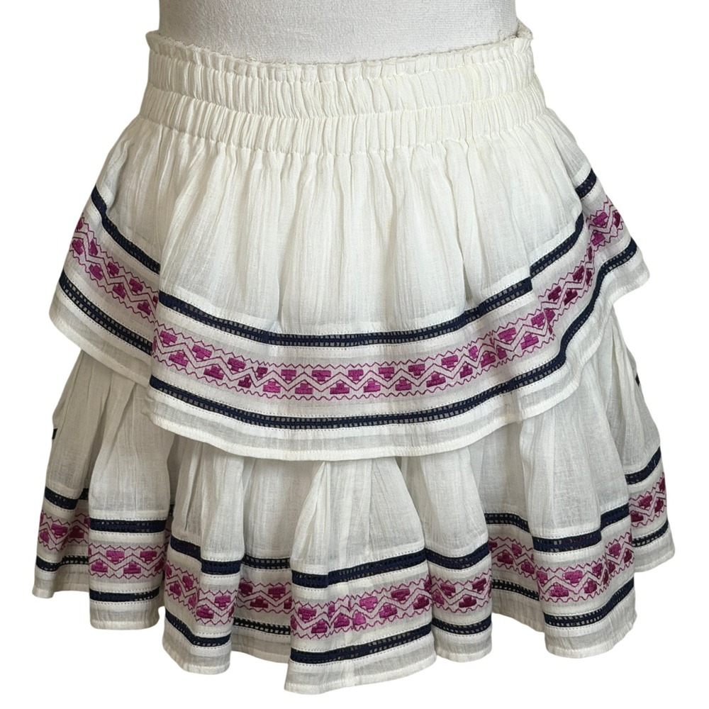 LoveShackFancy Embroider RufflTier Mini Skirt Boho Flirty Small Cotton